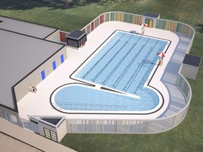 The is a rendering of a preliminary design for the new outdoor pool to be constructed at Woodman Park on Grey Street. Colours and accessories will be modified. Submitted
