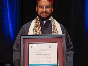 Imam Abu Noman Tarek of the Brantford Mosque and Muslim Association of Brantford was presented with a YMCA Peace Medal at the 35th annual YMCA Peace Medal Breakfast held Thursday, Nov. 17 in Hamilton.  The peace medals recognize individual and organizations that promote tolerance, social justice and community cohesion.  SUBMITTED