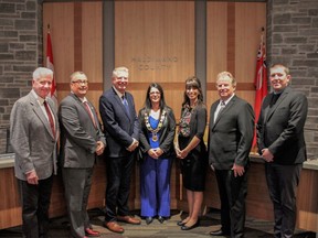 Haldimand County council members sworn in at an inauguration meeting on November 15, 2022 are (from left) councillors Stewart Patterson, John Metcalfe, Dan Lawrence, Mayor Shelley Ann Bentley, Natalie Star, Rob Shirton, and Patrick O'Neill. SUBMITTED PHOTO