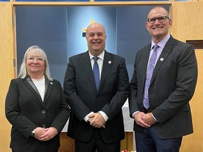 Rick Petrella (center) has begun his ninth year as chair of the Brant Haldimand Norfolk Catholic District School Board. Serving as vice chair for the fourth consecutive year is Carol Luciani (left). With them at the board's inaugural meeting is Mike McDonald, director of education. Submitted Photo
