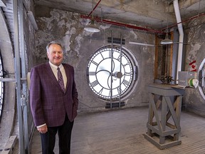 Brantford mayor Kevin Davis stands inside the clock tower at city hall where restoration work has been completed. Brian Thompson