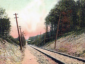 In 1908, an electric train car, headed towards Brantford, was reaching the top of the long climb up the mountain from Hamilton to Ancaster.