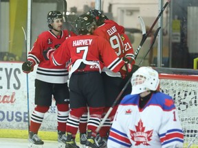 Aidan Yarde is mobbed by his Brockville teammates after scoring the Braves' second goal of the first period on Rockland goalie Ben Grahame on their way to a 4-2 win at the Memorial Centre on Friday night.
Tim Ruhnke/The Recorder and Times