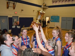 The Lady Crusaders of St. Mary Catholic High School hoist the championship trophy after winning the 2022 Leeds Grenville senior girls basketball A title on Thursday, Nov. 10. St. Mary will host EOSSAA next Wednesday and Thursday.
Tim Ruhnke/Postmedia Network