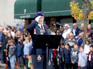 Royal Canadian Legion Chaplain Lillian McNamee takes part in the Remembrance Day ceremony.  (RONALD ZAJAC/The Recorder and Times)