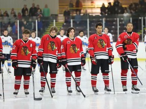 The Brockville Braves and Renfrew Wolves line uo for a pre-game Remembrance Day ceremony at the Memorial Centre on Friday, Nov. 11, 2022.
Tim Ruhnke/The Recorder and Times/Postmedia Network