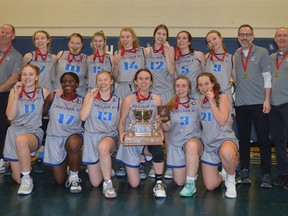The Crusaders strike gold as the St. Mary Catholic High School senior girls basketball team wins the 2022 EOSSAA A championship on its home court in Brockville on Thursday. St. Mary advances to the Ontario (OFSAA) A championships scheduled for Walkerton next week.
Tim Ruhnke/The Recorder and Times