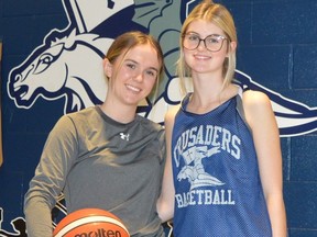 Kaylee Moorhouse (left), Daphne McMullen and their St. Mary Catholic High School senior girls basketball teammates will be opening the Ontario (OFSAA) A championships against host Walkerton on Thursday morning.
Tim Ruhnke/The Recorder and Times