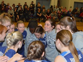 The St. Mary Catholic High School senior girls basketball team huddles on its home court in Brockville in Nov. 2022.
File photo/The ecorder and Times