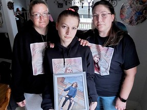 The family of Bayli Sellars is frustrated they have not received more information from Chatham-Kent police regarding its investigation into the death of the 22-year-old Chatham woman, whose body was discovered by firefighters when they responded to a fire at Edgar Street home in the early hours of June 25. Bayli's mother Sherri Sellars, left, sister Breann Anson, and aunt Kelly-Lyn Girard, right, ask if anyone knows anything about Bayli's death to contact Chatham-Kent police. (Ellwood Shreve/Chatham Daily News)