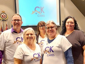 #CKCares, a multi-media campaign to build community support for ending homelessness locally, was launched Thursday by the Municipality of Chatham-Kent and its partners. Seen here from left, is Mayor Darrin Canniff, Chatham Coun. Marjorie Crew, Polly Smith, director of employment and social services, Renee Geniole, operations manager of ROCK Missions and Loree Bailey, general manager of Chatham Hope Haven. PHOTO Ellwood Shreve/Chatham Daily News