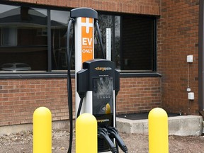 The Municipality of Chatham-Kent is installing seven electric vehicle chargers on municipal properties, including this one at the Chatham-Kent Civic Centre. (Tom Morrison/Postmedia Network)