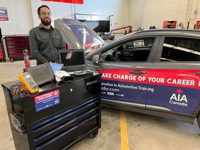 Saifullah Sanaye, the head of automotive education at St Lawrence College's campus in Cornwall, with some of the technician's tools next to a Hyundai Kona course that students are using for the training. Photo taken on Wednesday November 2, 2022, in Cornwall, Ontario. Todd Hambleton/Cornwall Standard Freeholder/Postmedia Network