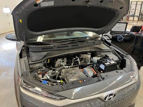 There's not that much under the hood of a Hyundai Kona, mainly an on-board charger, an inverter/converter and an electric motor. Photo taken on Wednesday November 2, 2022, in Cornwall, Ontario. Todd Hambleton/Cornwall Standard Freeholder/Postmedia Network