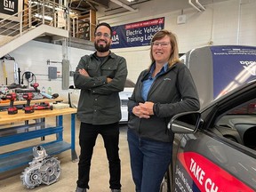 Saifullah Sanaye, the head of automotive training at St. Lawrence College's Cornwall campus, and AIA Canada's Beth Steel, the Innovation in Automotive Training project co-ordinator. Photo on Wednesday, November 2, 2022, in Cornwall, Ont. Todd Hambleton/Cornwall Standard-Freeholder/Postmedia Network