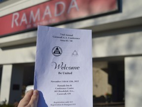 After a two-year hiatus due to the pandemic, the Alcoholics Anonymous (AA) conference will be hosted at Ramada Cornwall this coming Friday and Saturday. Brochure pitcured on Wednesday November 9, 2022 in Cornwall, Ont. Shawna O'Neill/Cornwall Standard-Freeholder/Postmedia Network