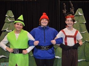 Three leading cast members of SVTC's upcoming Rudolph Jr. musical, from left to right, Nathalie Hickman as Hermey the elf, Rowan Wilson as Yukon Cornelius, and Austin Taylor as Rudolph. Pictured on Wednesday November 16, 2022 in Cornwall, Ont. Shawna O'Neill/Cornwall Standard-Freeholder/Postmedia Network