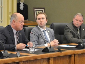From left to right, Coun. Tony Fraser making a speech as the newly acclaimed SDG warden, as Coun. Andrew Guindon and Coun. Bryan McGillis listen on Monday November 21, 2022 in Cornwall, Ont. Shawna O'Neill/Cornwall Standard-Freeholder/Postmedia Network