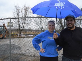 Char-Lan District High School teachers Heather Grant and Francis Oliveira are excited to see students learn in the geodesic dome, being constructed in the background on Friday November 25, 2022 in Cornwall, Ont. Shawna O'Neill/Cornwall Standard-Freeholder/Postmedia Network