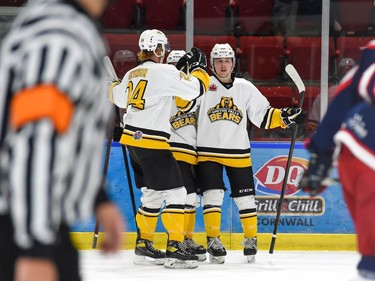 A Smiths Falls Bears line of players celebrating one of their goals in play against the Cornwall Colts on Thursday November 3, 2022 in Cornwall, Ont. Cornwall lost 4-1. Robert Lefebvre/Special to the Cornwall Standard-Freeholder/Postmedia Network