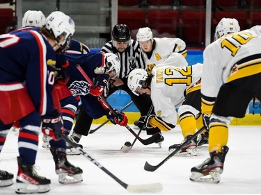 Cornwall Colts and Smiths Falls Bears players with their eye on the puck during a faceoff on Thursday November 3, 2022 in Cornwall, Ont. Cornwall lost 4-1. Robert Lefebvre/Special to the Cornwall Standard-Freeholder/Postmedia Network