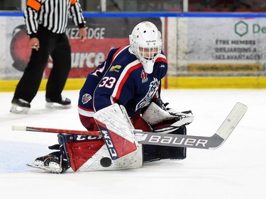 Cornwall Colts goaltender Dax Easter with a pad save during play against the Smiths Falls Bears on Thursday November 3, 2022 in Cornwall, Ont. Cornwall lost 4-1. Robert Lefebvre/Special to the Cornwall Standard-Freeholder/Postmedia Network
