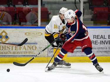 Cornwall Colts Simon Laferriere and Smiths Falls Bears Alex McIntosh, on Friday November 4, 2022 in Cornwall, Ont. Cornwall lost 4-1. Robert Lefebvre/Special to the Cornwall Standard-Freeholder/Postmedia Network