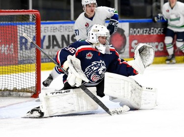 Cornwall Colts goaltender Cameron Holland in net during play against the Hawkesbury Hawks on Thursday November 10, 2022 in Cornwall, Ont. Cornwall lost 7-6. Robert Lefebvre/Special to the Cornwall Standard-Freeholder/Postmedia Network