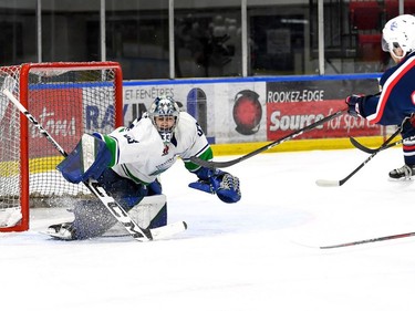 Cornwall Colts Ethan Montroy shoots on Hawkesbury Hawks goaltender Dimitri Pelekos on Thursday November 10, 2022 in Cornwall, Ont. Cornwall lost 7-6. Robert Lefebvre/Special to the Cornwall Standard-Freeholder/Postmedia Network