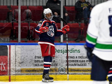 Cornwall Colts Nathan Garnier pointing to teammates after scoring against the Hawkesbury Hawks on Thursday November 10, 2022 in Cornwall, Ont. Cornwall lost 7-6. Robert Lefebvre/Special to the Cornwall Standard-Freeholder/Postmedia Network
