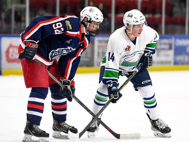 Cornwall Colts Brayden Bowen and Hawkesbury Hawks Aidan Stubbings, ready for a face off on Friday November 11, 2022 in Cornwall, Ont. Cornwall lost 7-6. Robert Lefebvre/Special to the Cornwall Standard-Freeholder/Postmedia Network