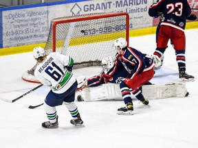 Hawkesbury Hawks Thomas Beaudoin scoring the seventh and go-ahead goal on Cornwall Colts goaltender Cameron Hollands on Thursday November 10, 2022 in Cornwall, Ont. Cornwall lost 7-6. Robert Lefebvre/Special to the Cornwall Standard-Freeholder/Postmedia Network