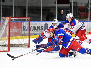 A diving Cornwall Colts Caden Eaton tries to redirect the puck into the Rockland Nationals goal on Thursday November 17, 2022 in Cornwall, Ont. Cornwall won the game 4-2. Robert Lefebvre/Special to the Cornwall Standard-Freeholder/Postmedia Network