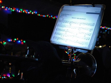 Sheet music for one of the members of the Garde de la Nativité band during the Santa Claus Parade on Saturday November 19, 2022 in Cornwall, Ont. Greg Peerenboom/Special to the Cornwall Standard-Freeholder/Postmedia Network