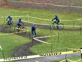 A group of cyclists navigate the Lamoureux Park course during the Eastern Ontario Cyclocross Series competition held on Sunday, November 13, 2022,  in Cornwall, Ont. Greg Peerenboom/Special to the Cornwall Standard-Freeholder/Postmedia Network