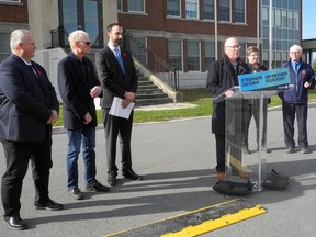 Ontario Minister of Municipal Affairs and Housing Steve Clark, at the podium announcing $1.7 million for new housing units, with (from left) South Dundas Mayor-elect Jason Broad, South Dundas Mayor Steven Byvelds, Stormont-Dundas-South Glengarry MPP Nolan Quinn, SDG Warden Carma Williams, and Cornwall Mayor Glen Grant, on Thursday November 10, 2022 in Morrisburg, Ont. Hugo Rodrigues/Cornwall Standard-Freeholder/Postmedia Network