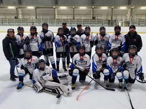 The Chatham Kent Crush celebrate their gold-medal win in the U13 B division at the Stratford Aces Festival Cup Challenge in Stratford, Ont., on Sunday, Nov. 20, 2022. (Contributed Photo)