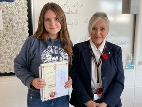 Grace Palmer, a Grade 10 from Ecole Secondaire Highwood High School, won first place senior poem in the Legion's Remembrance Day contest. SUBMITTED