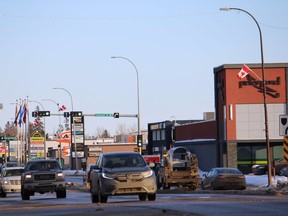 Traffic on Franklin Avenue by Peter Pond Mall in downtown Fort McMurray on March 6, 2022. Vincent McDermott/Fort McMurray Today/Postmedia Network