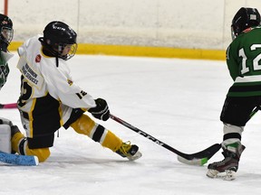 Carson Vosper (12) of the Mitchell U13LL team battles for the puck despite falling to his knees during recent tournament action in Mitchell against Lucan. ANDY BADER
