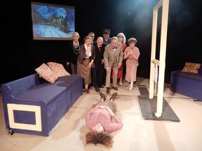 Martha Bailey, from left, Brayah Pickard, Gene Lee, Garrett McCrea, Neil McCarney, Terry Wade, Lynn Kerr and Bailey Bieganek, and Michelle Freedman on the floor, in a scene from "Agatha Christie's Murder on the Orient Express" at the Domino Theatre in Kingston. Grant Buckler/Supplied Photo