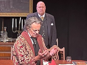George Masswohl, as Bram Stoker, watches Richard Sheridan Willis, as Henry Irving, in the Theatre Kingston production of These Deeds, playing at the Baby Grand Theatre through Nov. 19.
