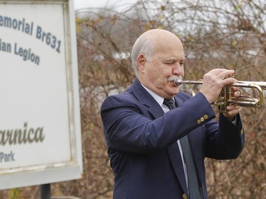Bugler Larry Stafford played the Last Post before the moment of silence at the Matthew J Dawe Memorial Branch Remembrance Day cenotaph service in W. C Warnica Memorial Park in Kingston, Ont. on Friday, Nov. 11, 2022.