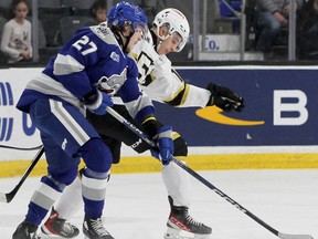 Kingston Frontenacs' Francesco Arcuri and Sudbury Wolves' Quentin Musty battle for the puck during the first period of Ontario Hockey League action at the Leon's Centre in Kingston, Ont. on Friday, Nov. 25, 2022.