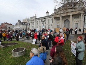 Hundreds of demonstrators gathered in front of Kingston City Hall on Sunday to protest the provincial government's Bill 23, legislation that many feel pushes aside environmental protection in favour of speeding up development projects.