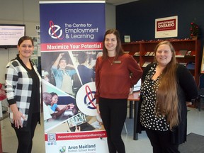 The Centre for Employment and Learning in Exeter held an open house on Wed., Nov. 23. From left are client service representative Leanne Restemayer, youth programs co-ordinator Elizabeth Cubberley and site lead Peggy Hulley.