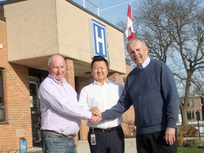 The South Huron Hospital Association (SHHA) and Alexandra Marine and General Hospital (AMGH) announced Thurs., Nov. 24 that in December the two hospital boards will merge to become a single govering board for both hospitals. From left are AMGH board chair Glen McNeil, president and CEO Jimmy Trieu and SHHA board chair Bruce Shaw.