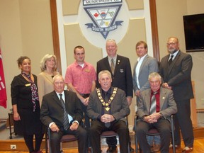 The new South Huron council was sworn in on Mon., Nov. 21. Front from left are Deputy Mayor Jim Dietrich, Mayor George Finch and Coun. Milt Dietrich; back from left are clerk Rebekah Msuya-Collison, councillors Marissa Vaughan, Marc Denomme, Ted Oke, Aaron Neeb and chief administrative officer Dan Best.