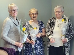 The Torchbearer Chi Chapter Beta Sigma Phi Sorority met in Exeter on Tues., Nov. 15 and members were honoured for longtime membership. Receiving the Diamond Circle Ritual for 60-year members were Pat Fletcher, Elsie Witteveen and Brenda Hennessey.