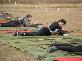 Cpl. Hilaire Knitter (centre, in black) of Mayerthorpe’s Royal Canadian Army Cadet Corps prepared to shoot during the Stage II competition of the Canadian Cadet Organizations Biathlon Championship Series. The event was held near Onoway on Oct. 29.